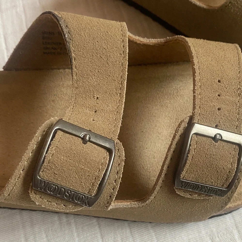 WOODSTOCK Two-Band Suede Slide Sandals in Taupe